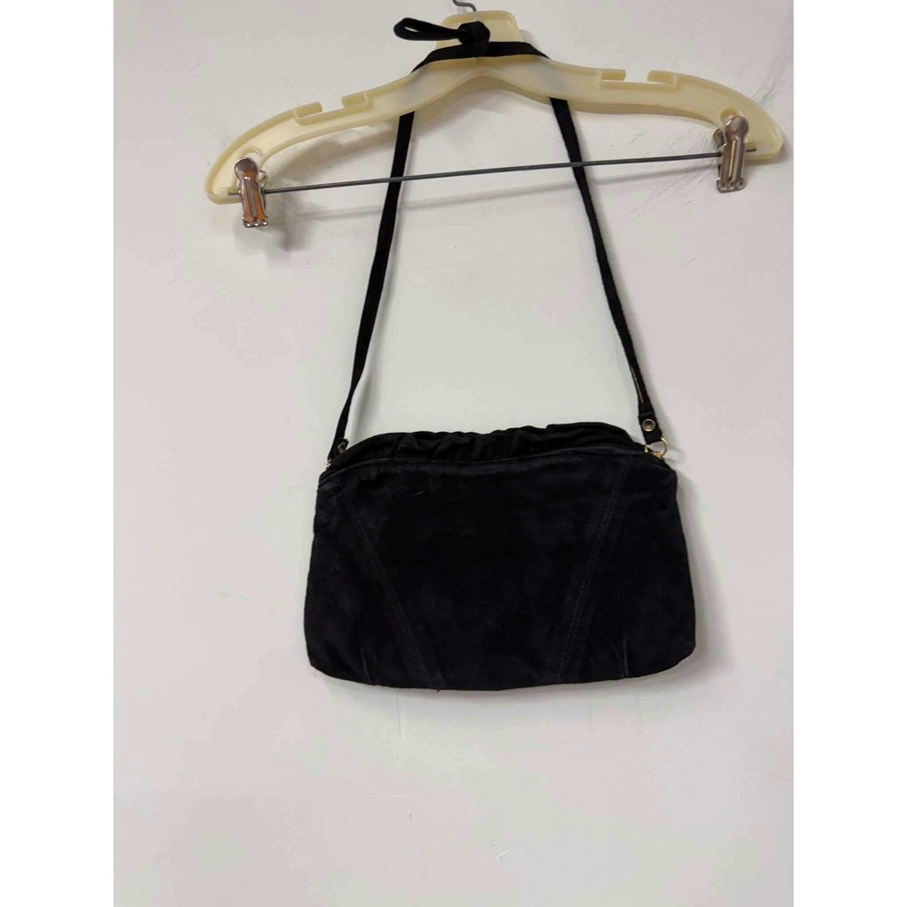 Vtg 70s Black Suede Crossbody Bag Ruffle Top Zip Shoulder Purse